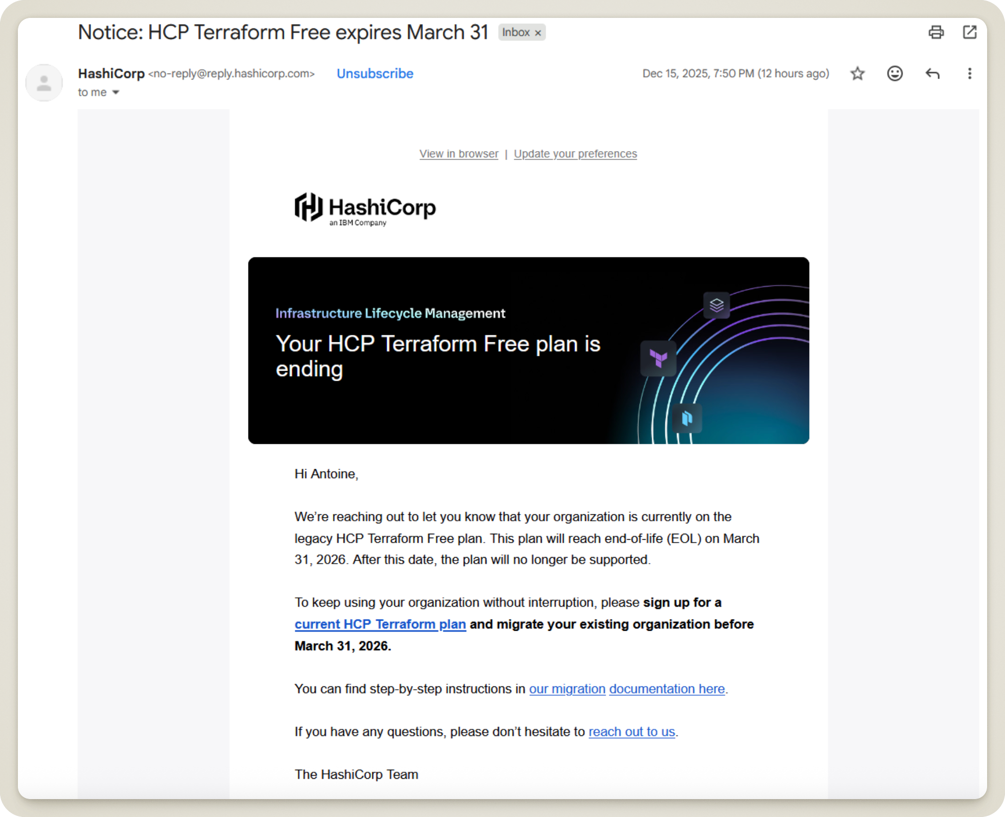 Mail de Terraform annonçant la fin du plan Free de Terraform Cloud