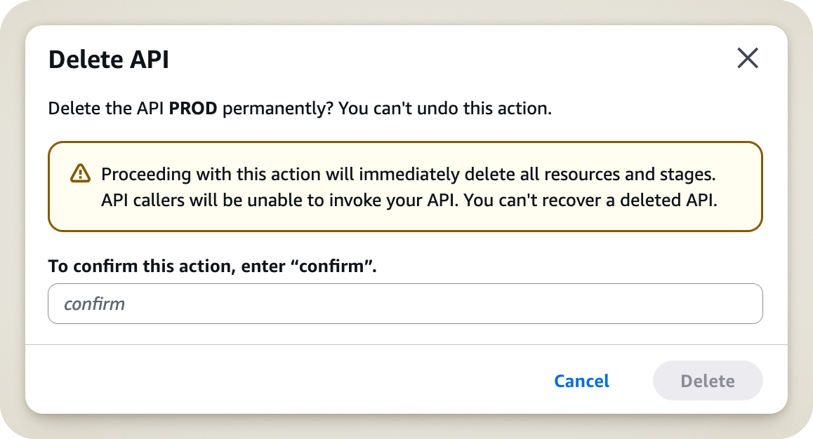 Delete API confirmation dialog
